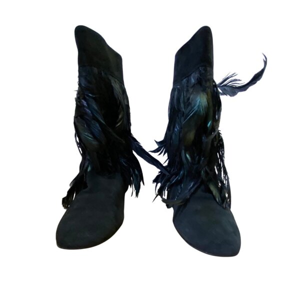 Black Suede Feather Delman Ankle Boots Size 9.5 Western Indian Punk Rock Retro - Picture 7 of 12